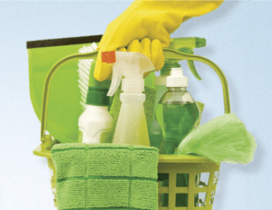 Green bucket with eco-friendly cleaning products used by our cleaners.