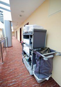 a cleaning janitor cart in an office building in NYC