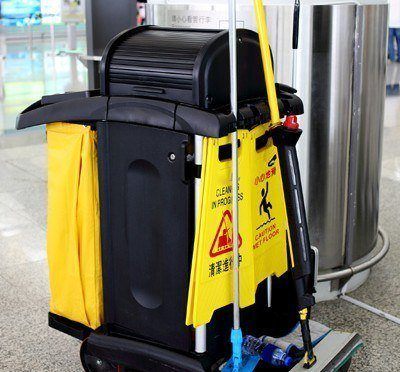 Office building cleaners use cleaning equipment to clean whole buildings.
