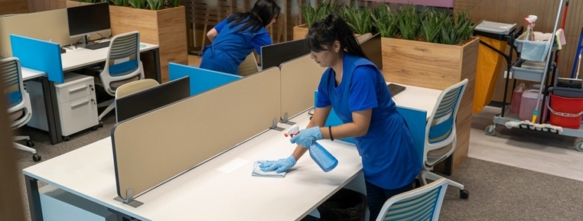 New York City janitors wiping down workstations in an commercial office building.