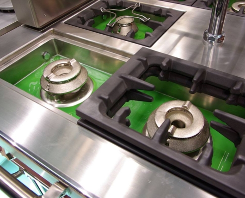 Clean kitchen burners at a restaurant.