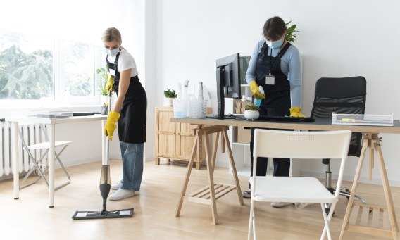 New York City janitors sanitizing and disinfecting commercial facilities.