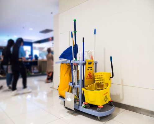 Best commercial cleaning supplies on a cart at a New York City commercial office.