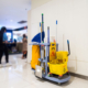 Best commercial cleaning supplies on a cart at a New York City commercial office.