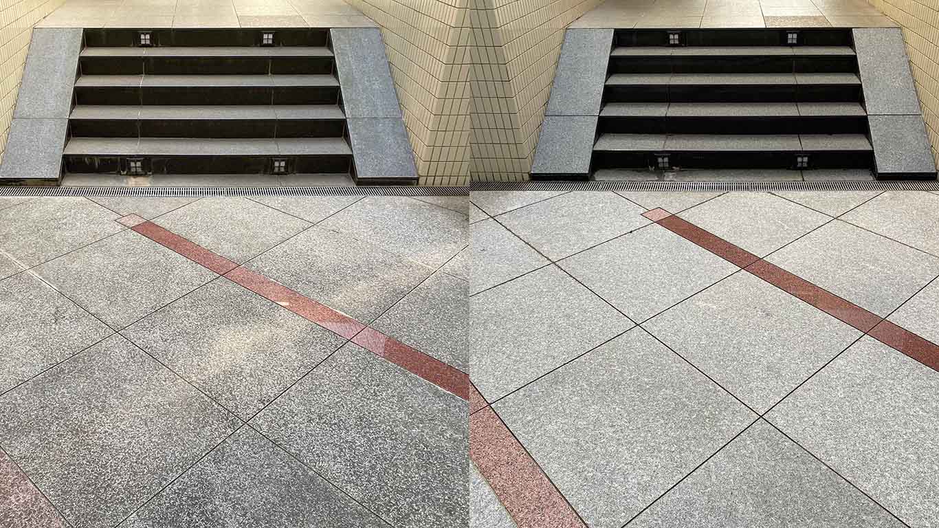 The difference between an unclean and clean marble floor, NYC. Floor care in Manhattan.