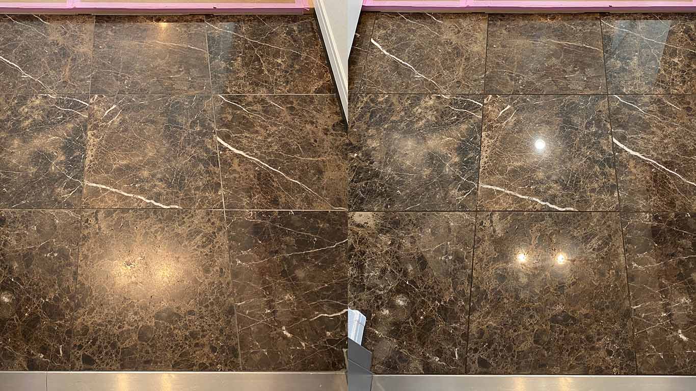 Before and after showing dark marble floor cleaning NYC.