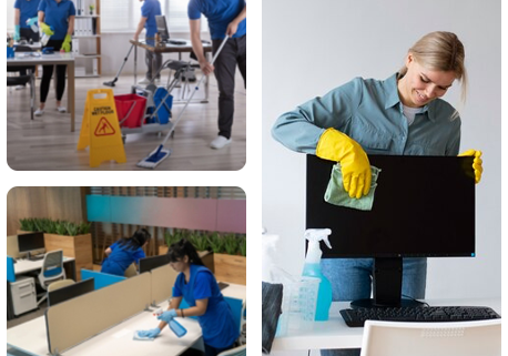 SanMar Building Services office cleaners in New York City mop floors, wipe down monitors, and sanitize high touch surfaces such as desks.