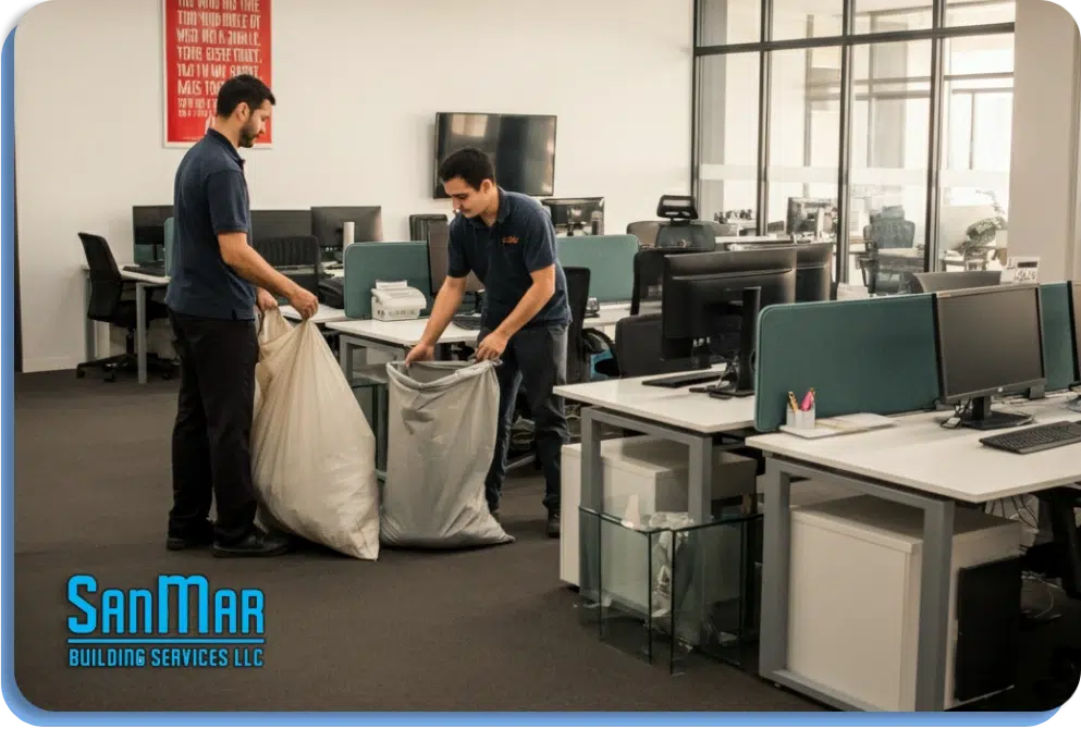 SanMar janitorial services for NYC businesses include emptying trash bins, wiping down surfaces, cleaning restrooms and more.