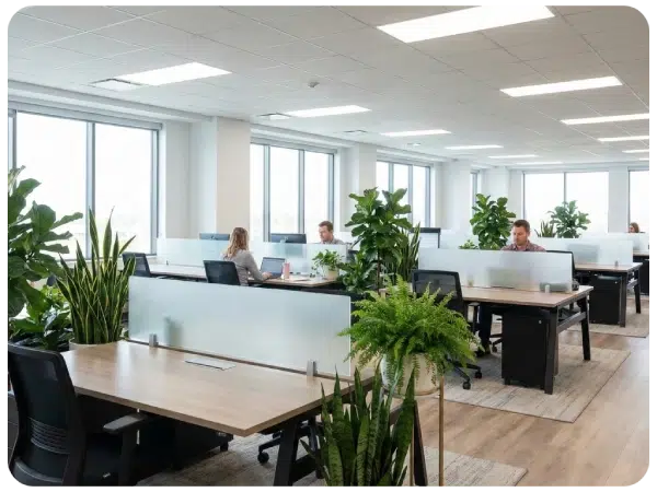 Wide-angle view of an open office layout where workstations are spaced apart and separated by large potted plants for privacy.