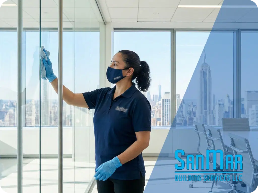 sanmar-window-cleaner-ny A uniformed SanMar Building Services professional sanitizing a glass partition in a modern NYC office with the skyline in the background.