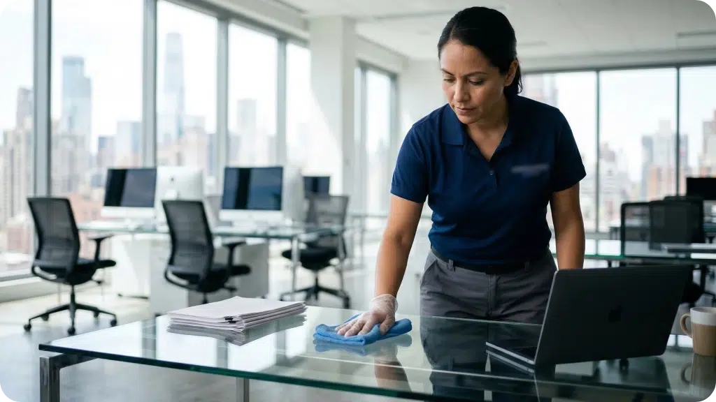 A uniformed female professional office cleaner, wearing gloves, uses a blue microfiber cloth to wipe a large glass conference table in a modern NYC high-rise office overlooking the Manhattan skyline and Empire State Building. A closed laptop is visible on the table.