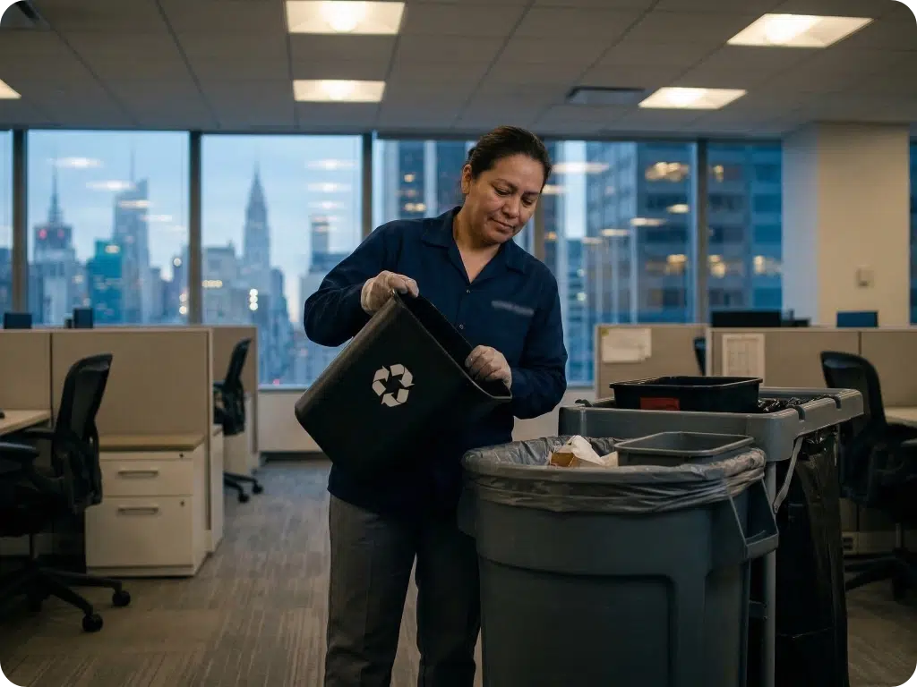 Evening view in a modern NYC office workspace defined by cubicle walls. A uniformed female cleaner wearing gloves tilts a black office recycling bin, emptying contents into a large grey commercial rolling waste cart. The Manhattan skyline with city lights is visible through large windows.