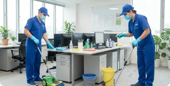 Two uniformed NYC b2b cleaners in masks and gloves sanitize desks and floors, reflecting the health and safety compliance needed to reduce staff illness.