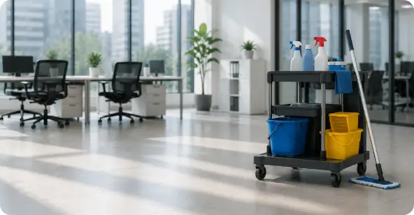 A fully stocked janitorial cart and mop sit on a shiny office floor, highlighting improved brand image and the dependable equipment professionals use for consistent cleaning results.