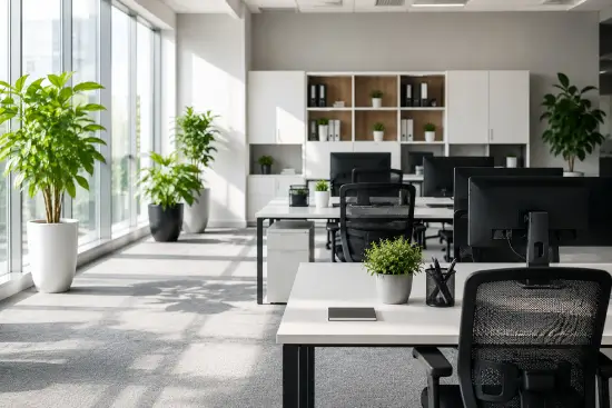 Clean modern office space with tidy workstations, greenery, and natural light, showing how the right office cleaning schedule pays off.