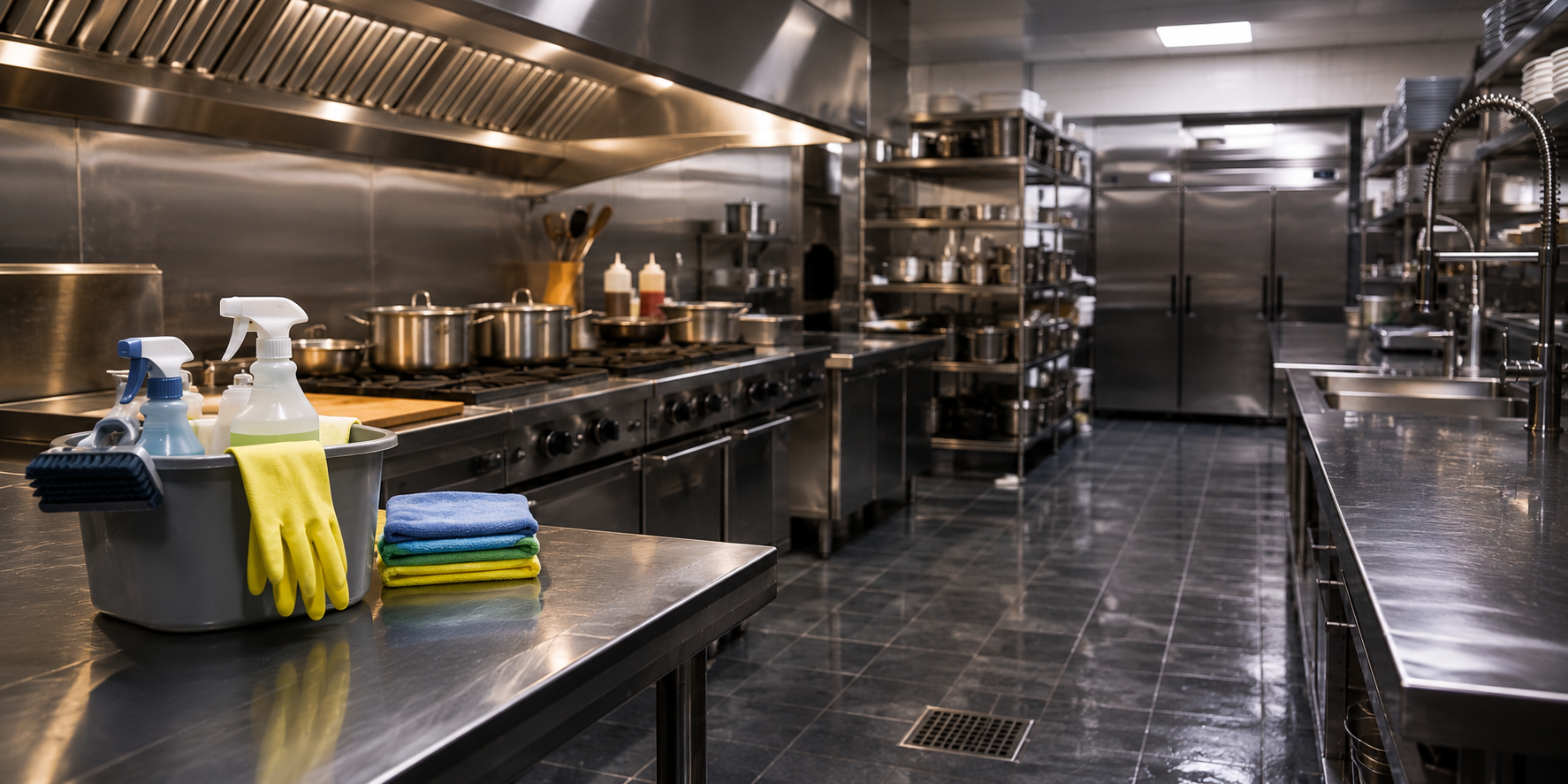 NYC commercial kitchen with cleaning supplies on a stainless prep table used by SanMar Building Services for a restaurant deep clean.