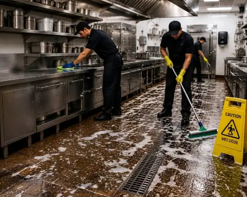 Professional cleaners tackling a soapy floor and wiping stainless steel prep tables during a complete NYC commercial kitchen deep cleaning.