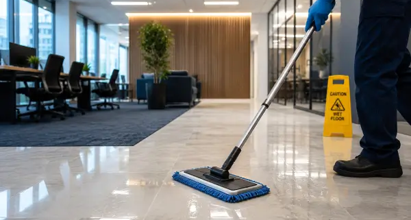 Professional floor cleaning services for commercial office properties with spotless lobby floors and clean workspace areas