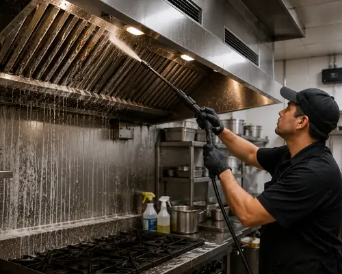 Meeting New York City fire codes by pressure washing a greasy kitchen exhaust hood. Example of how to deep clean a restaurant kitchen hood.