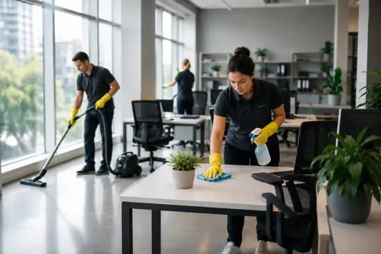 modern-office-cleaning-team Uniformed cleaning team disinfecting desks and vacuuming floors in a modern office, the kind of crew NYC businesses schedule weekly.