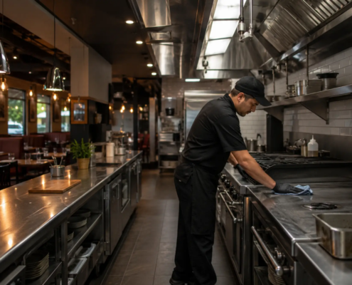 Professional cleaner degreasing a stainless steel range in a NYC restaurant kitchen, with the dining room visible in the background.