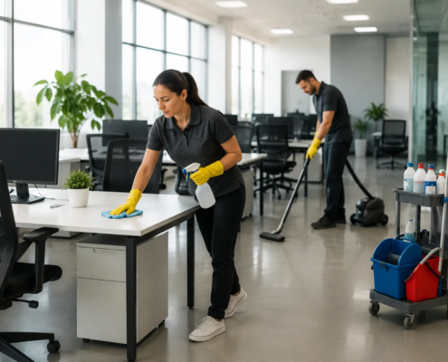 SanMar Building Services cleaners sanitizing workstations and vacuuming a New York City office during a scheduled cleaning visit.
