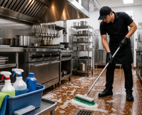 NYC restaurant kitchen sanitation procedures by SanMar Building Services. A professional deep cleans the tile floor with a brush.