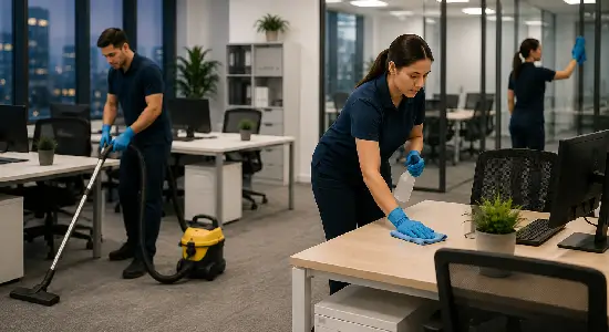After-hours office cleaning service in New York City, one worker vacuums carpet while another wipes desks and a third cleans glass walls.