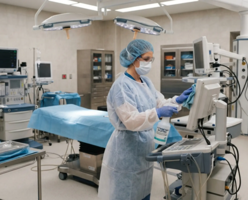 Cleaner for NYC medical facilities in gown, mask and gloves disinfects a monitor beside a draped procedure table, showing 2026 healthcare cleaning standards..