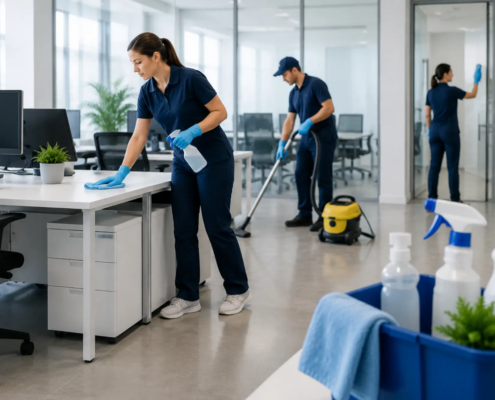 Three SanMar Building Services cleaners in navy uniforms wipe desks, vacuum and clean glass walls in a bright open layout office.