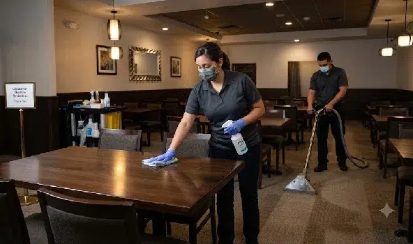 Outsourced commercial cleaning team sanitizing dining tables and deep cleaning restaurant flooring after hours in a busy NYC venue.