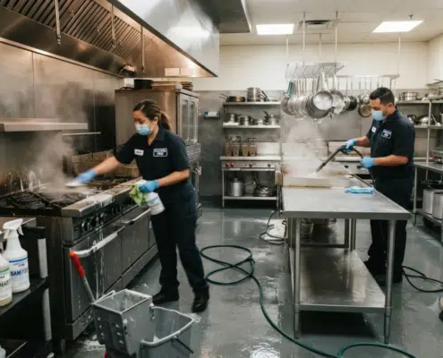 Commercial kitchen cleaners in masks scrub stovetops and steam clean prep tables following a complete cleaning checklist for restaurants in NYC.