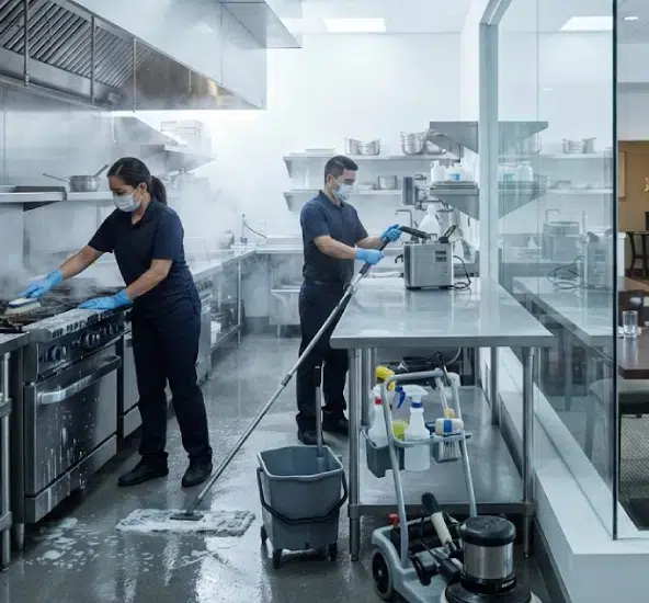 restaurant-cleaning-schedule-guide Restaurant sanitation crew sanitizing prep stations and kitchen tile to uphold NYC health compliance and pass rigorous inspections.